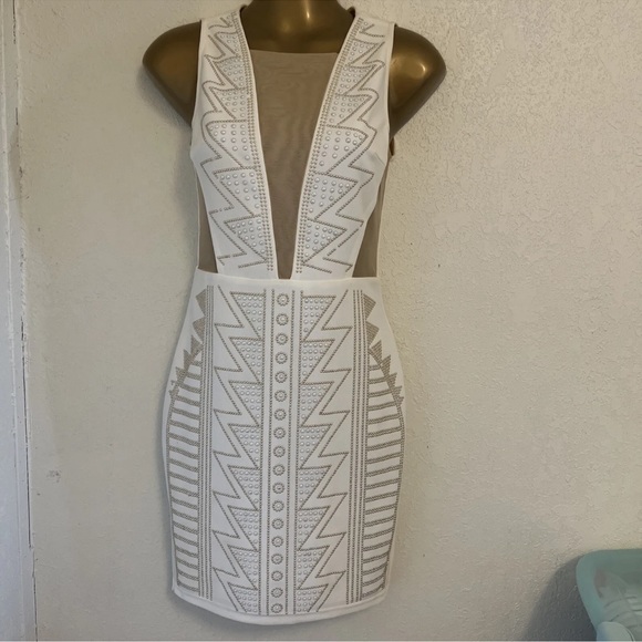 Women's Sleeveless Rhinestone Mesh Midi Dress - Cream Zip Back - Picture 2 of 6